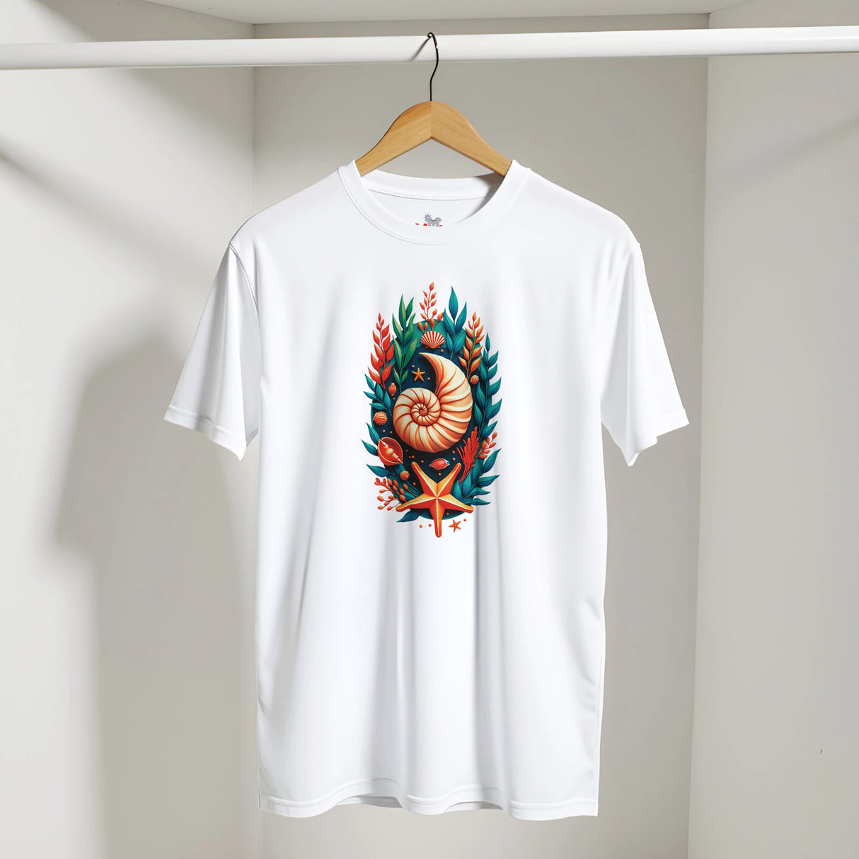 A white short-sleeve crewneck t-shirt hanging on a wooden hanger against a light gray wall. The shirt features a colorful central graphic print of a nautilus shell, starfish, and coral motifs in shades of orange, teal, and red.
