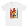 A flat lay white T-shirt featuring a playful graphic of four stacked colorful dogs in yellow, red, and blue tones with the word “Woof?” in bold, cartoonish text below.

