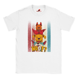 A flat lay white T-shirt featuring a playful graphic of four stacked colorful dogs in yellow, red, and blue tones with the word “Woof?” in bold, cartoonish text below.

