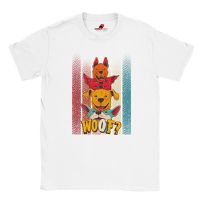 A flat lay white T-shirt featuring a playful graphic of four stacked colorful dogs in yellow, red, and blue tones with the word “Woof?” in bold, cartoonish text below.

