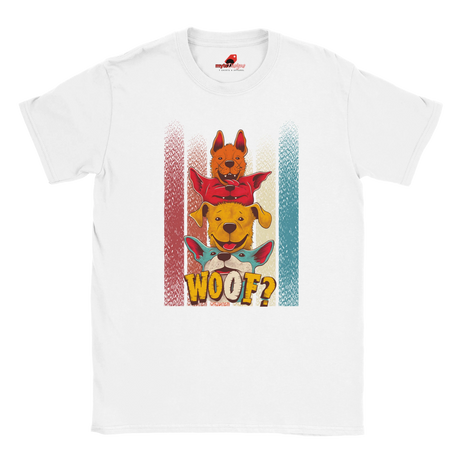 A flat lay white T-shirt featuring a playful graphic of four stacked colorful dogs in yellow, red, and blue tones with the word “Woof?” in bold, cartoonish text below.

