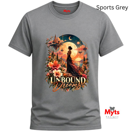 Sports Grey T-shirt with Unbound Dreams artwork featuring floating castles, orange flowers, and a glowing moon.
