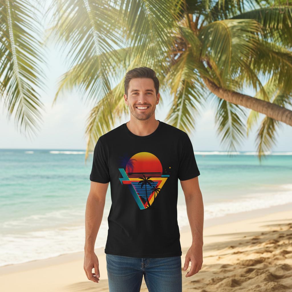 Man wearing a black t-shirt with a colorful design on a beach with palm trees.