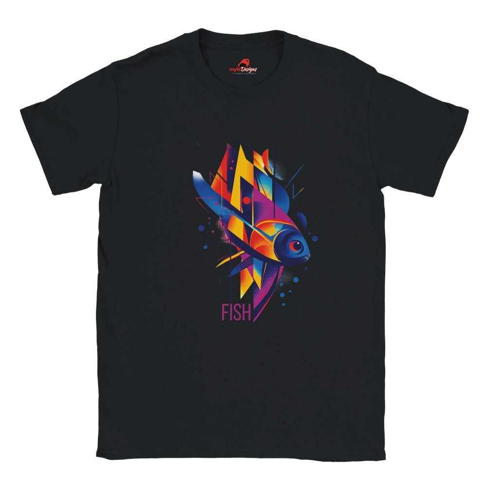 A black t-shirt with a vibrant geometric design featuring multicolored fish and aquatic patterns.