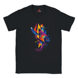 A black t-shirt with a vibrant geometric design featuring multicolored fish and aquatic patterns.