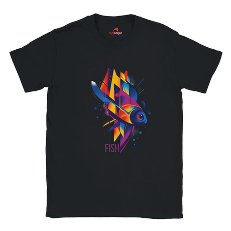 A black t-shirt with a vibrant geometric design featuring multicolored fish and aquatic patterns.