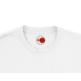 White t-shirt with a red logo on the collar against a white background