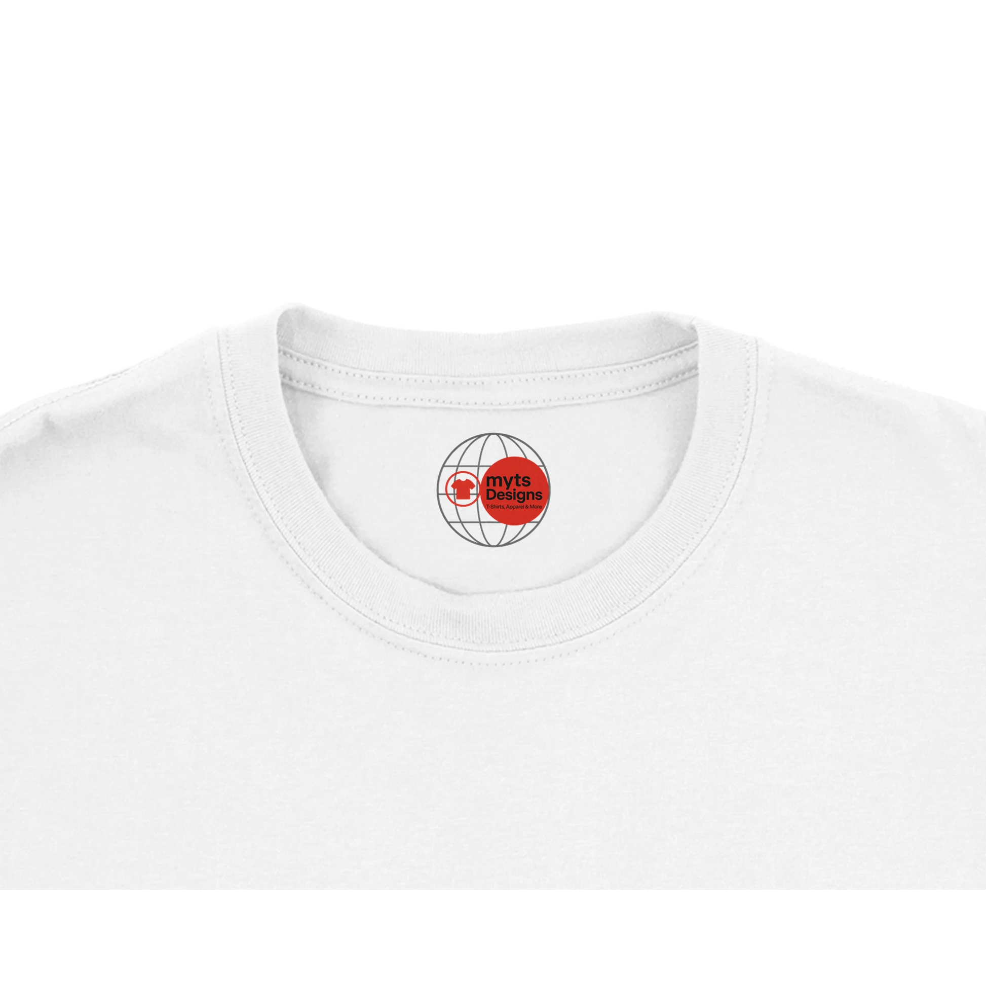 White t-shirt with a red logo on the collar against a white background