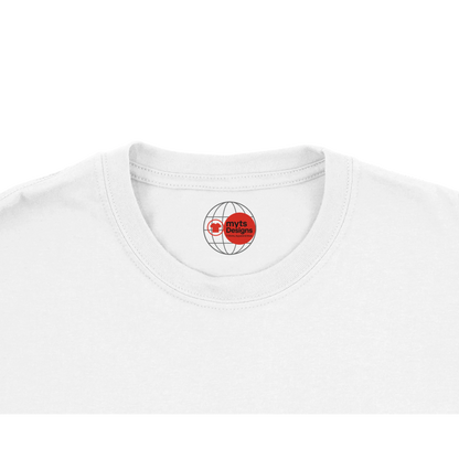 White t-shirt with a red logo on the collar against a white background