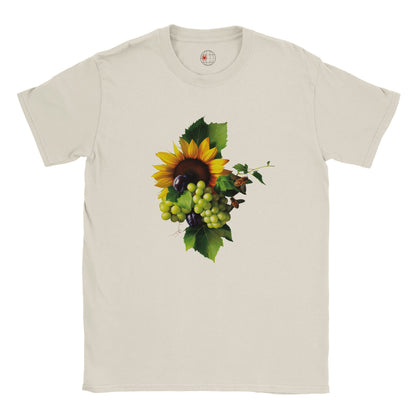 Beige t-shirt with a sunflower and fruit design on a white background