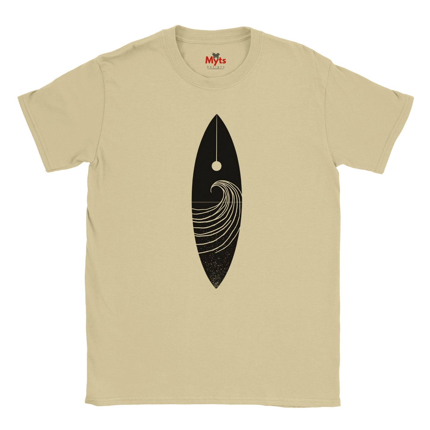 Sand t-shirt with a black surfboard design on a white background