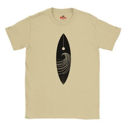 Sand t-shirt with a black surfboard design on a white background
