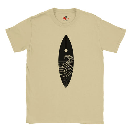 Sand t-shirt with a black surfboard design on a white background