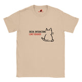 “Netural T-shirt laid flat with a minimal line art cat and text reading ‘Social Interactions Limit Reached’ in bold black and red font, humorous introvert design from MytsDesigns.com”

