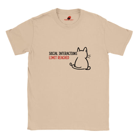 “Netural T-shirt laid flat with a minimal line art cat and text reading ‘Social Interactions Limit Reached’ in bold black and red font, humorous introvert design from MytsDesigns.com”

