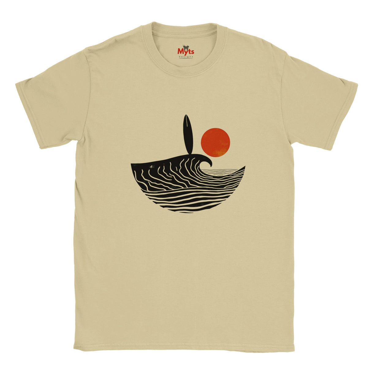 Natural t-shirt with a black and red graphic design on a white background