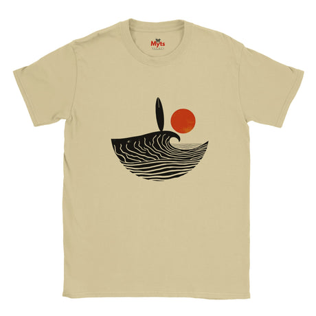 Natural t-shirt with a black and red graphic design on a white background