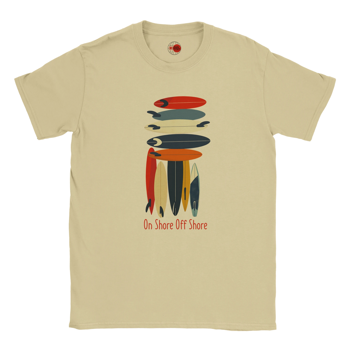 Natural t-shirt with colorful fish graphic and 'On Shore Off Shore' text on a white background