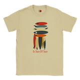 Natural t-shirt with colorful fish graphic and 'On Shore Off Shore' text on a white background