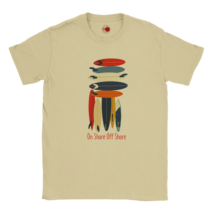 Natural t-shirt with colorful fish graphic and 'On Shore Off Shore' text on a white background