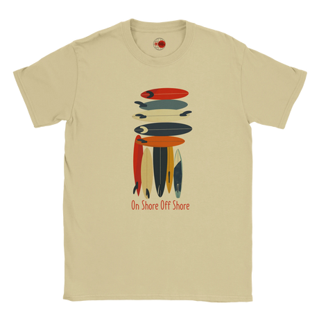 Natural t-shirt with colorful fish graphic and 'On Shore Off Shore' text on a white background