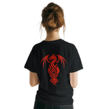A woman viewed from behind wearing a black short-sleeve T-shirt with a large red dragon graphic printed on the back, set against a plain white background.