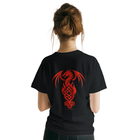 A woman viewed from behind wearing a black short-sleeve T-shirt with a large red dragon graphic printed on the back, set against a plain white background.
