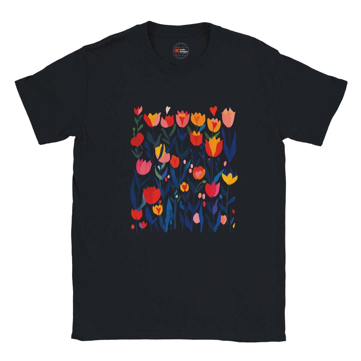Black unisex T‑shirt featuring a minimalist poppy design in vibrant reds, pinks, and greens—with clean lines and botanical elegance—against a white background. Soft cotton tee shown flat for clarity.