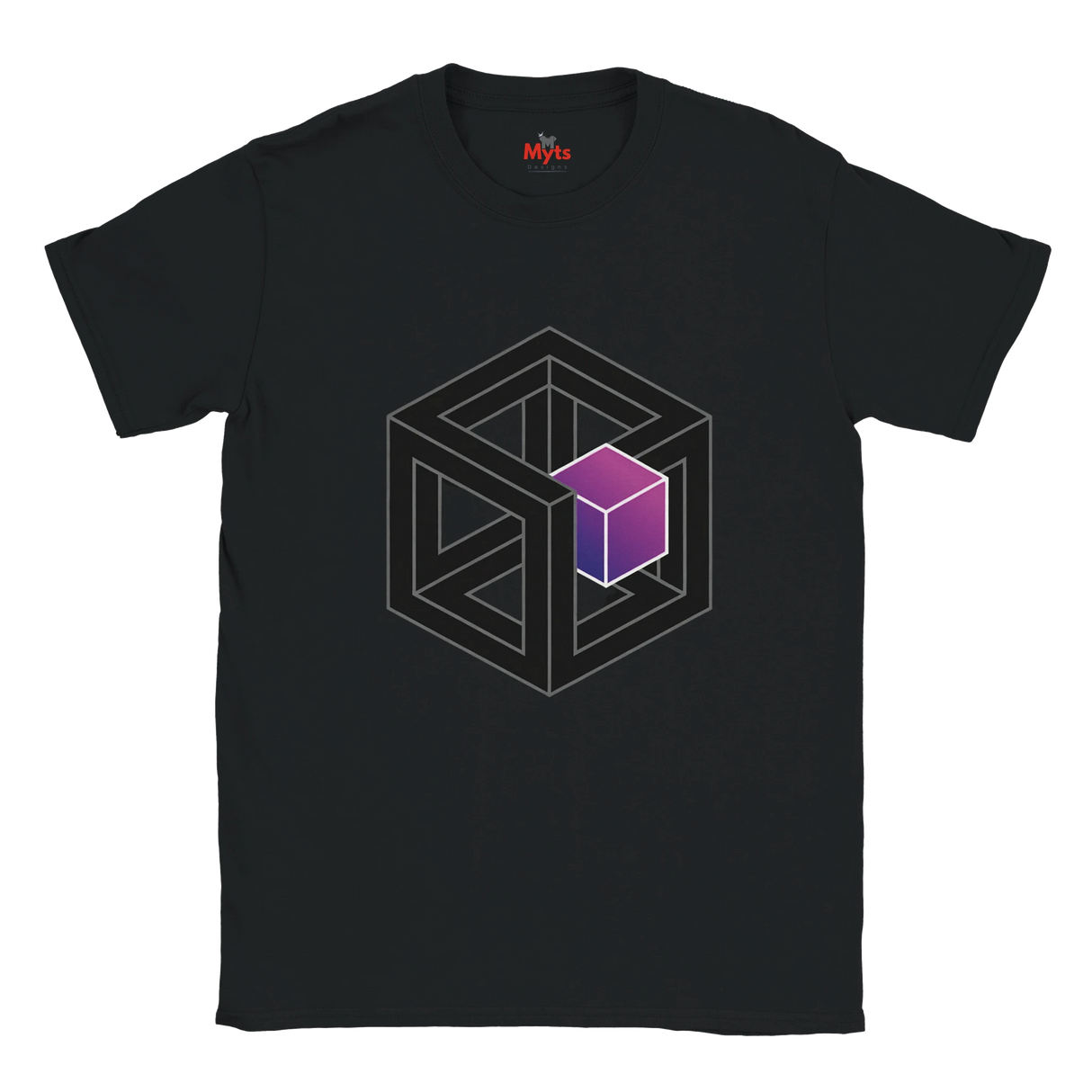 Black t-shirt with geometric cube design on a white background
