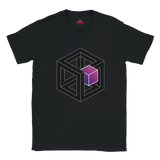 Black t-shirt with geometric cube design on a white background