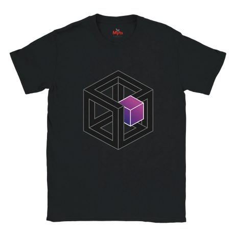 Black t-shirt with geometric cube design on a white background