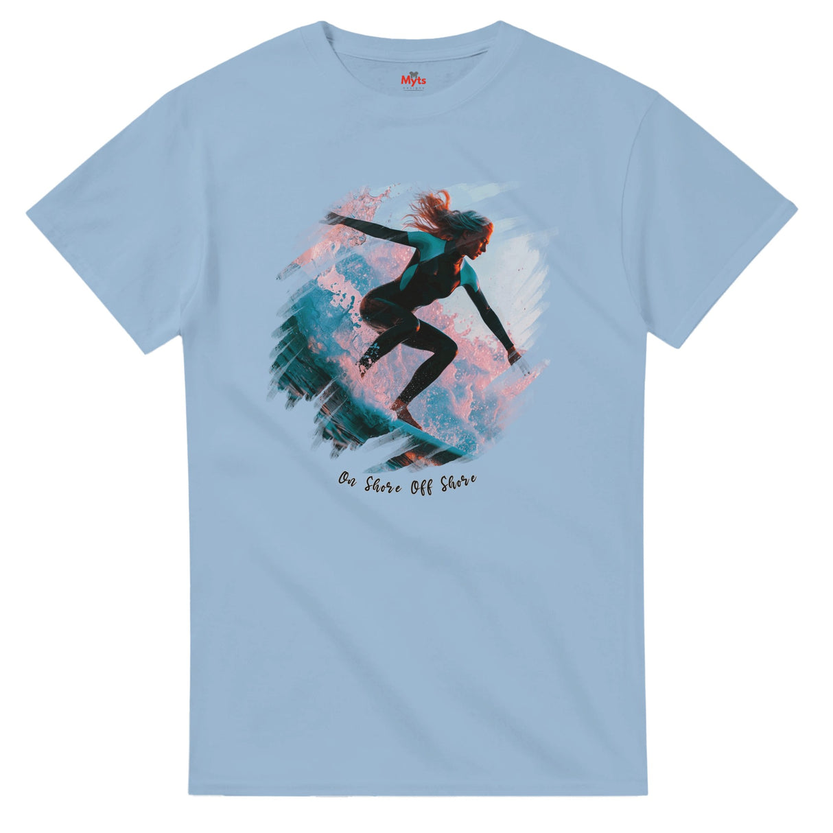Light blue t-shirt with a graphic of a person surfing and text 'On Shore Off Shore' on a white background.