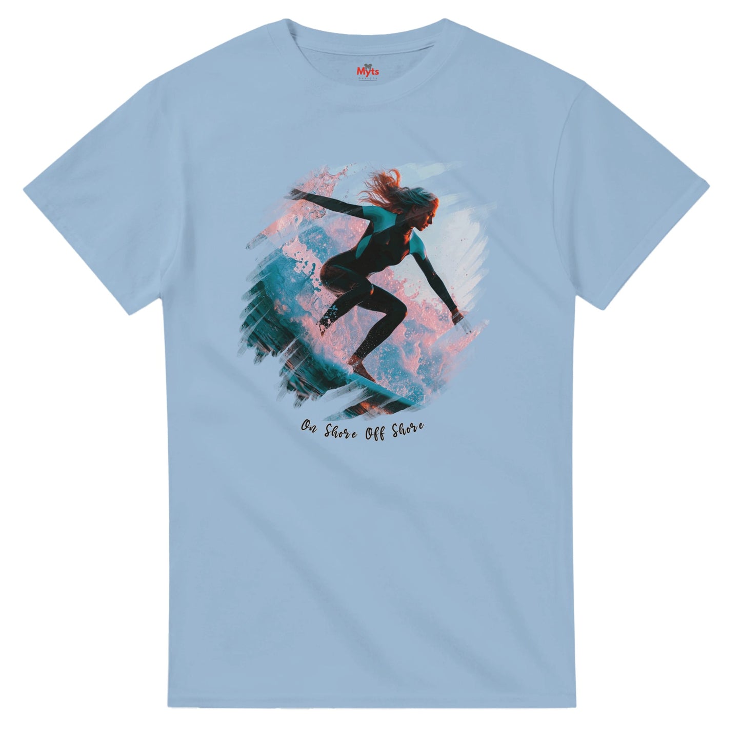 Light blue t-shirt with a graphic of a person surfing and text 'On Shore Off Shore' on a white background.