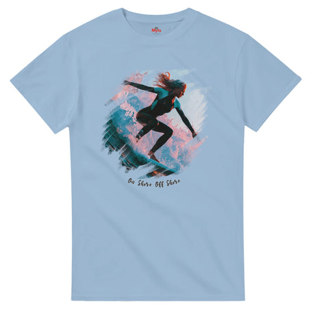 Light blue t-shirt with a graphic of a person surfing and text 'On Shore Off Shore' on a white background.
