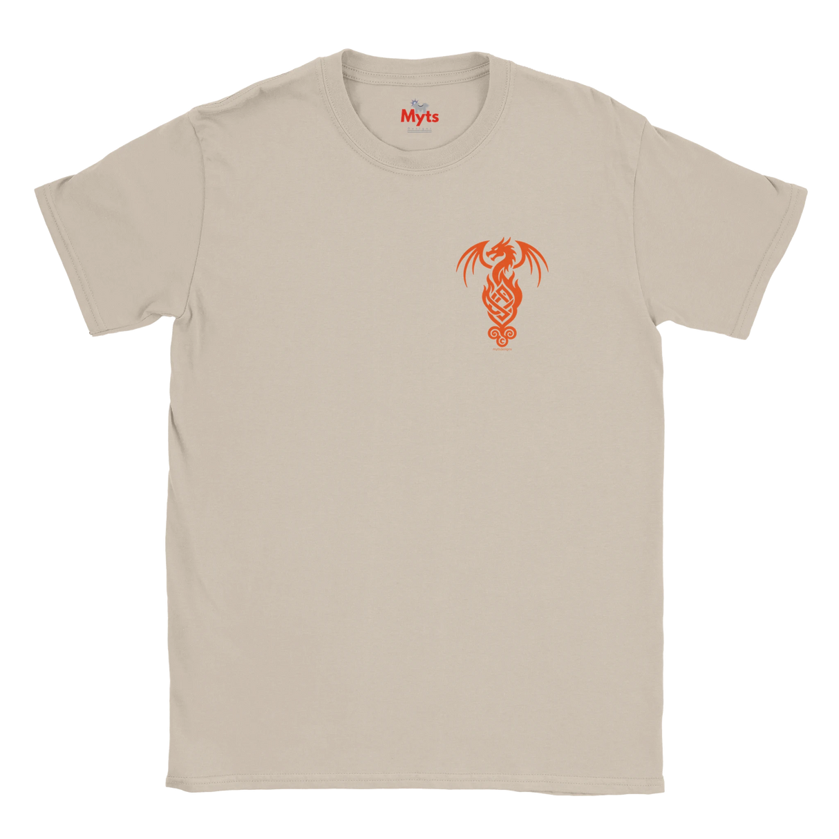 A light beige crewneck t-shirt with a small orange dragon graphic printed on the left chest, displayed flat against a white background.