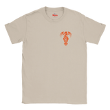 A light beige crewneck t-shirt with a small orange dragon graphic printed on the left chest, displayed flat against a white background.