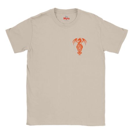 A light beige crewneck t-shirt with a small orange dragon graphic printed on the left chest, displayed flat against a white background.