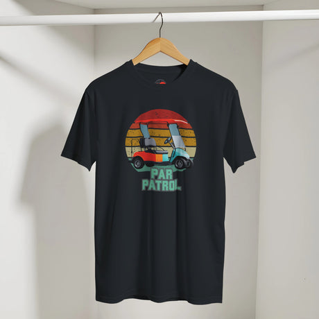 Black t-shirt with a colorful graphic and 'Par Patrol' text on a hanger against a white wall.