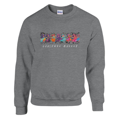 Gray sweatshirt with colorful graphic and 'Cauldron Queens' text on a white background