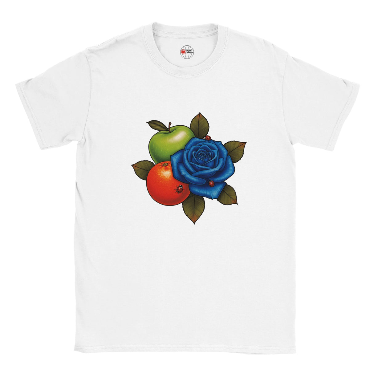 White T-shirt with Green apple, Mandarin and Blue rose design