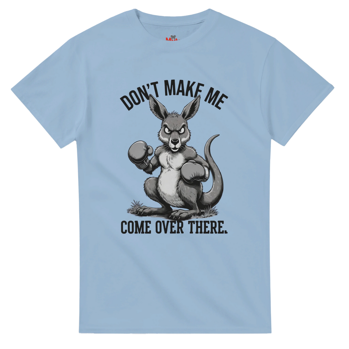 Light blue t-shirt with a kangaroo graphic and text on a white background