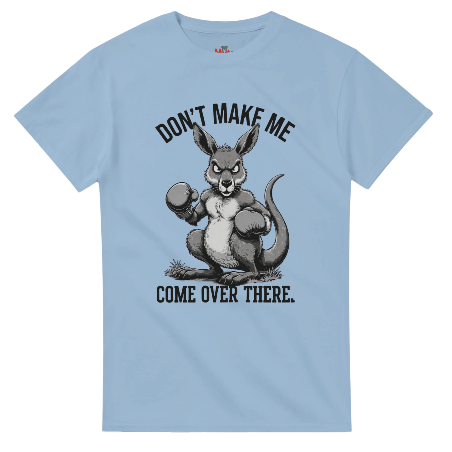 Light blue t-shirt with a kangaroo graphic and text on a white background