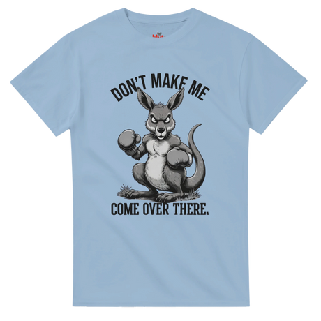 Light blue t-shirt with a kangaroo graphic and text on a white background
