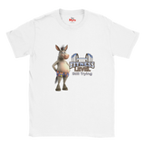 White funny gym graphic T-shirt featuring smiling donkey in floral shorts and Fitness Level Still Trying wording.