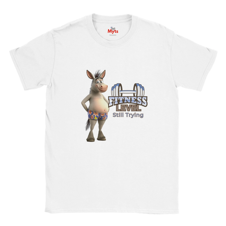 White funny gym graphic T-shirt featuring smiling donkey in floral shorts and Fitness Level Still Trying wording.