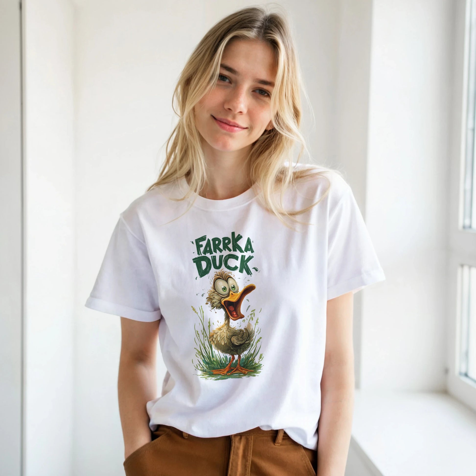 Person wearing a white t-shirt with 'Farrka Duck' design