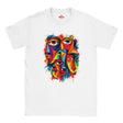 A white short-sleeve crewneck t-shirt featuring a colorful graphic print of three stylized faces with eyes, rendered in a vibrant, multi-colored abstract paint splatter style. The brand name 'MYLIS' is visible on the inner neck label.
