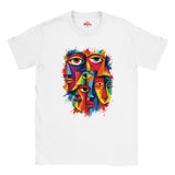 A white short-sleeve crewneck t-shirt featuring a colorful graphic print of three stylized faces with eyes, rendered in a vibrant, multi-colored abstract paint splatter style. The brand name 'MYLIS' is visible on the inner neck label.