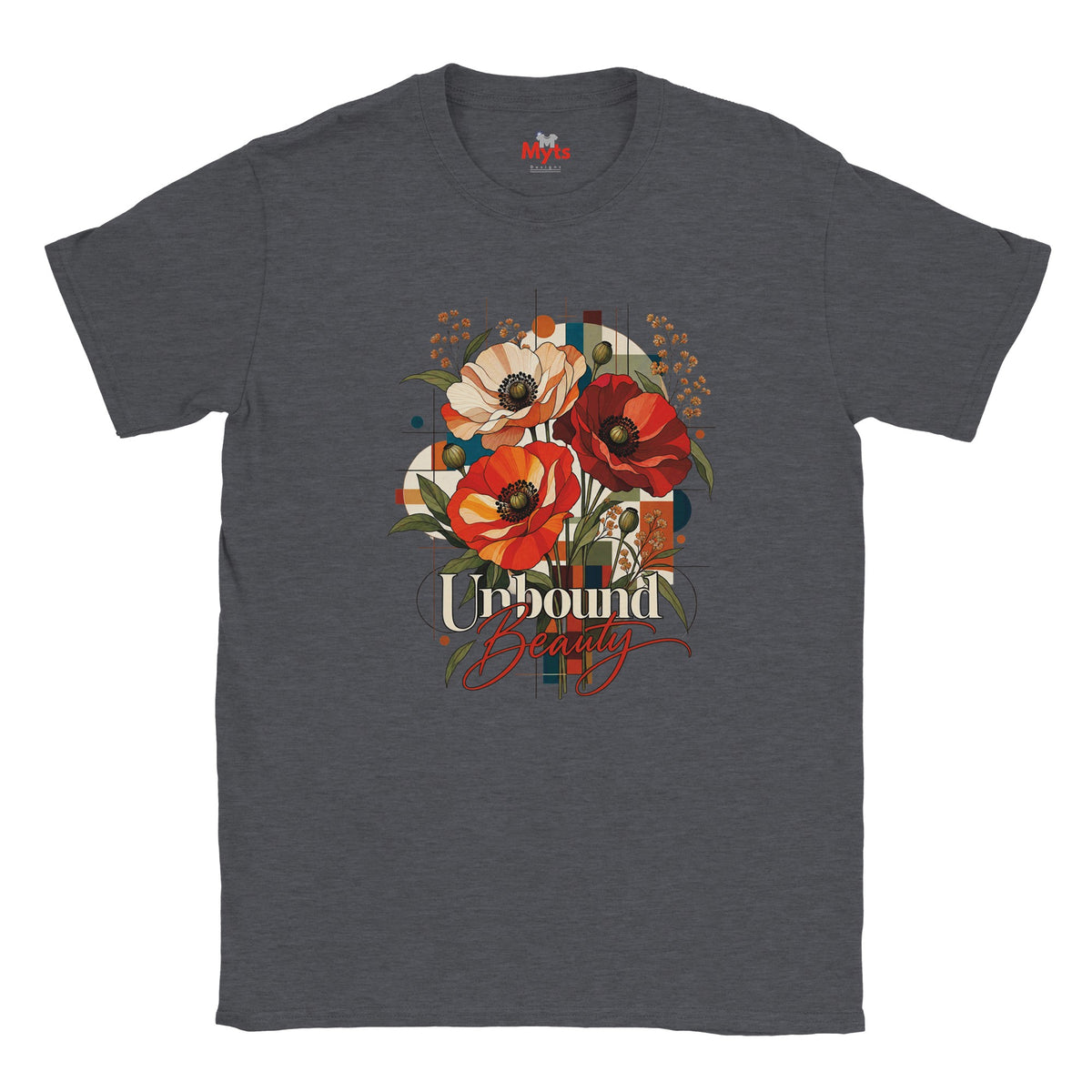 A Dark Heather Unbound Beauty graphic T-shirt with red, orange and cream poppy flowers, geometric accents and retro typography.