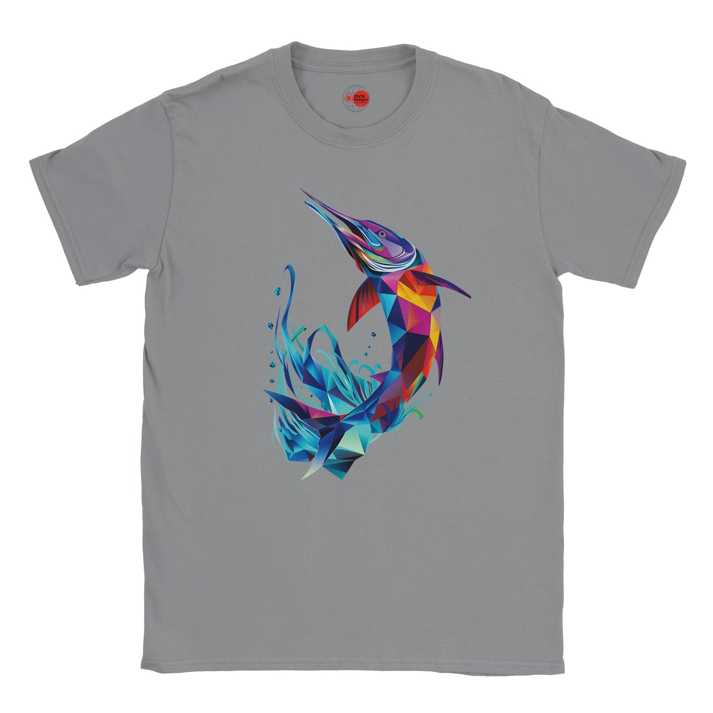 Gray t-shirt with a colorful fish design on a white background